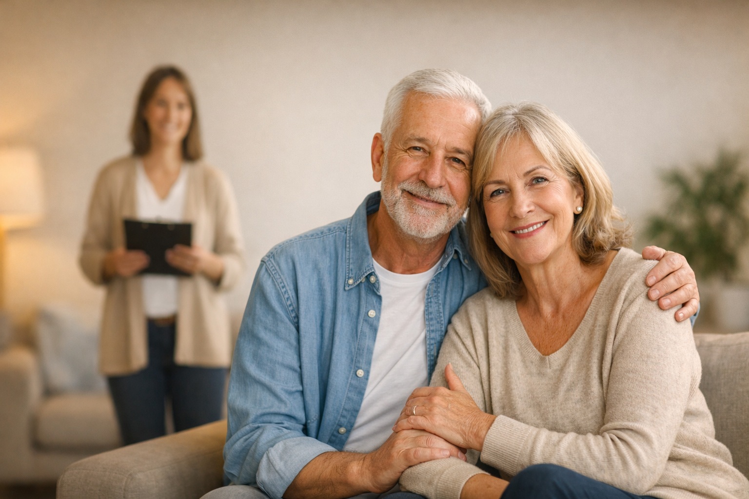 Smiling support staff helping clients