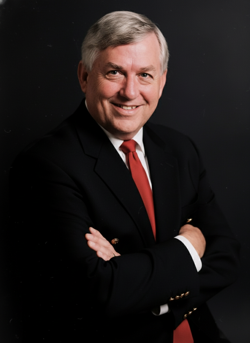 Portrait of our founder, Frank Todd smiling in a black suit and red tie